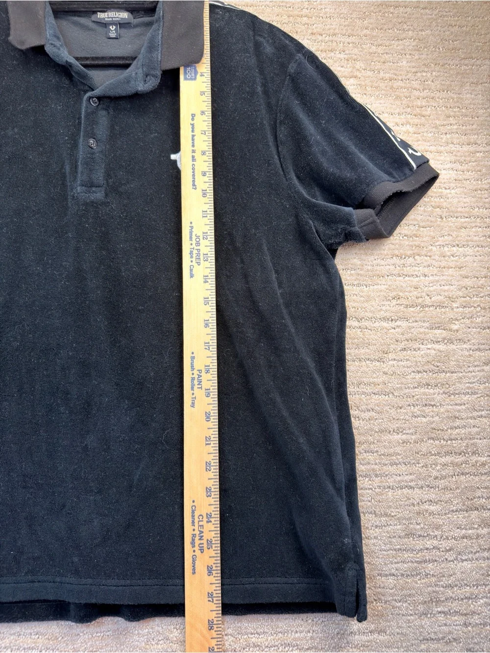 Like New True Religion Black Terry Cloth Polo Logo Tape Short Sleeve Shirt